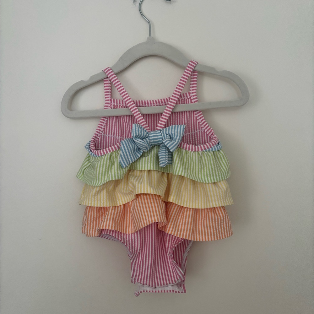 Mud Pie Pink Multi-Color Striped Ruffle One-Piece Swimsuit - Picture 2 of 2